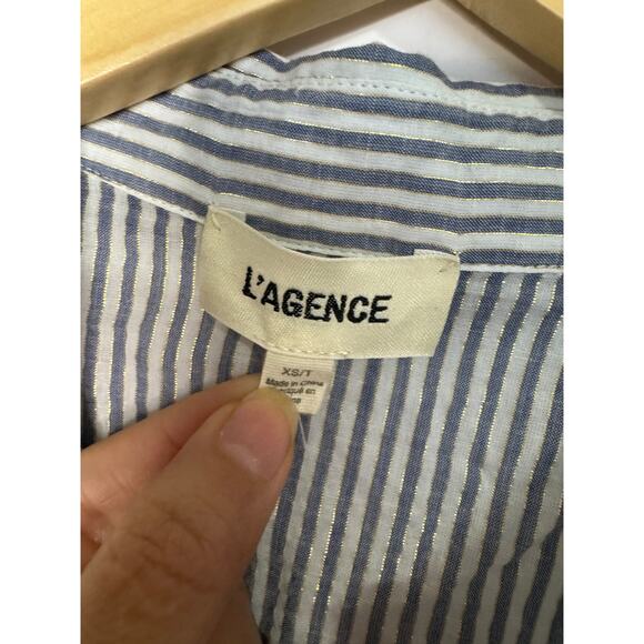 L'AGENCE Laurent Metallic‎ Button Up Blouse Ivory Blue Gold Stripes Womens Sz XS - Picture 10 of 13